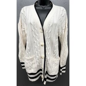 Loft Cardigan Sweater L Ivory Black‎ Cable Knit Pockets Coastal Preppy Academia